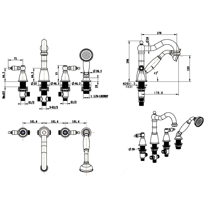 Смеситель на борт ванны Boheme Tradizionale Oro 395-BSW Золото латунь