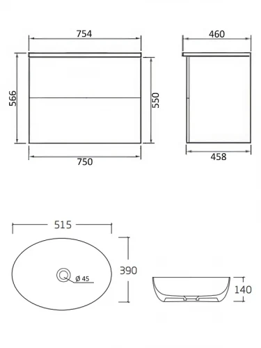 Тумба с раковиной Orange Otto 75 Ot-75TuMDF+B05-520W подвесная цвет Белый глянец