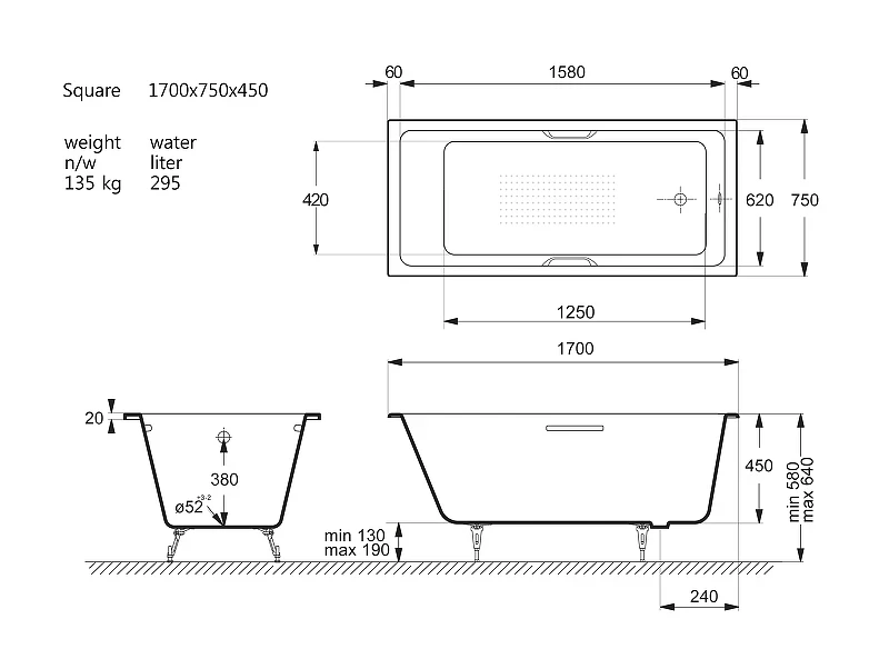 Чугунная ванна Vinsent Veron Square 170x75 VSQ1707545H/VH0012GD-AS цвет Белый с квадратными золотыми ручками и антискользящим покрытием