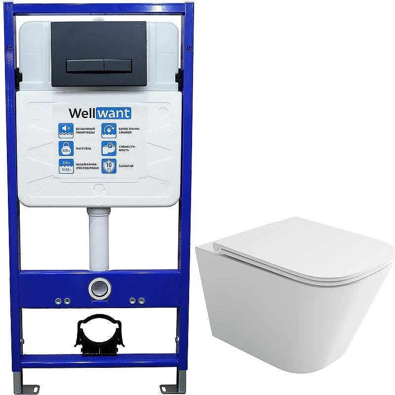 Унитаз с инсталляцией Ceramicanova Union CN4009T + WellWant Standart 50 WWISI111BB с сиденьем Микролифт и Черной матовой клавишей смыва
