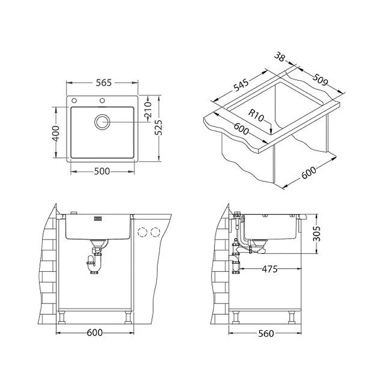 Кухонная мойка Alveus Pure 70 KMB-90 565x525 1122385 Брашированная сталь нержавеющая сталь встраиваемый