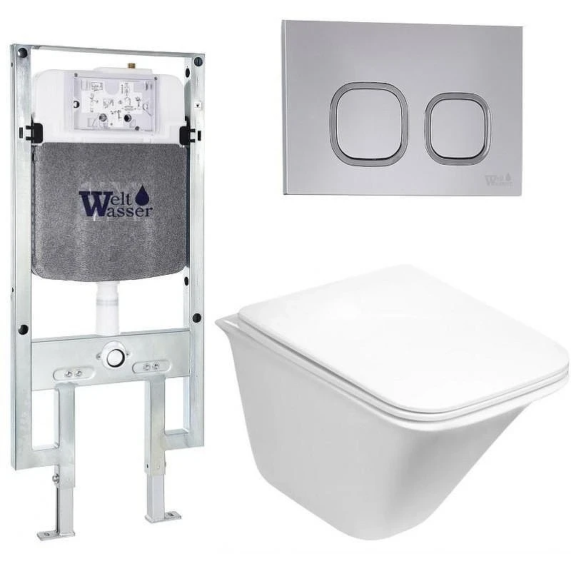 Комплект унитаза с инсталляцией WeltWasser AMBERG 497 ST + ROTBACH 004 GL-WT + AMBERG RD-CR 10000006744 цвет Белый глянцевый с сиденьем Микролифт и клавишей смыва цвет Хром