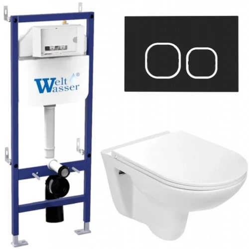 Комплект унитаза с инсталляцией WeltWasser BAMBERG 460 + BAARBACH 004 GL-WT + BAMBERG BL 10000010344 цвет Белый глянцевый с сиденьем Микролифт и клавишей смыва цвет Черный