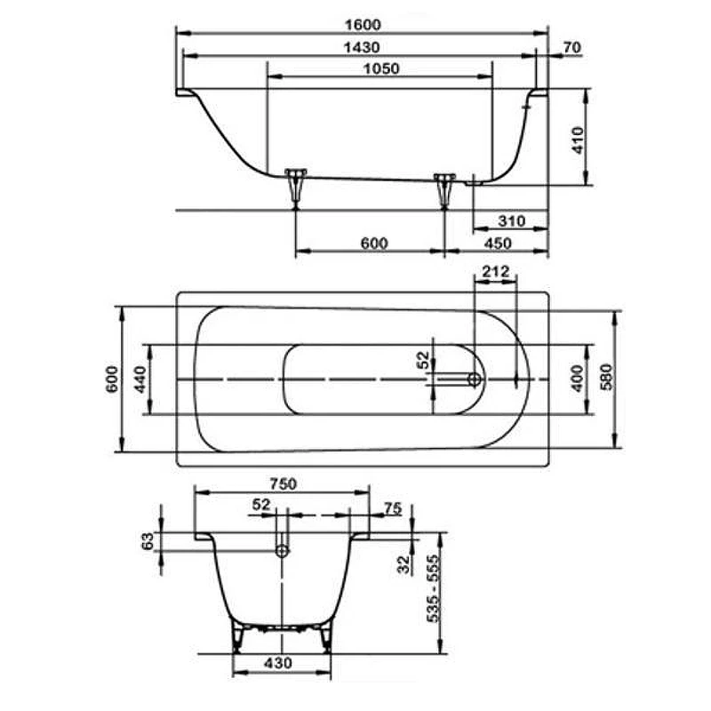 Стальная ванна Kaldewei Saniform Plus 372-1 160х75 112500010001 без покрытия, с ножками 581470000000
