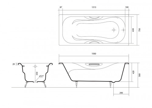 Чугунная ванна Aquatek Гамма 150x75 AQ8050FH-00 без антискользящего покрытия