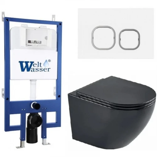 Комплект унитаза с инсталляцией WeltWasser BAMBERG 545 + MERZBACH 043 MT-BL + BAMBERG WT 10000012909 цвет Черный матовый с сиденьем Микролифт и клавишей смыва цвет Белый