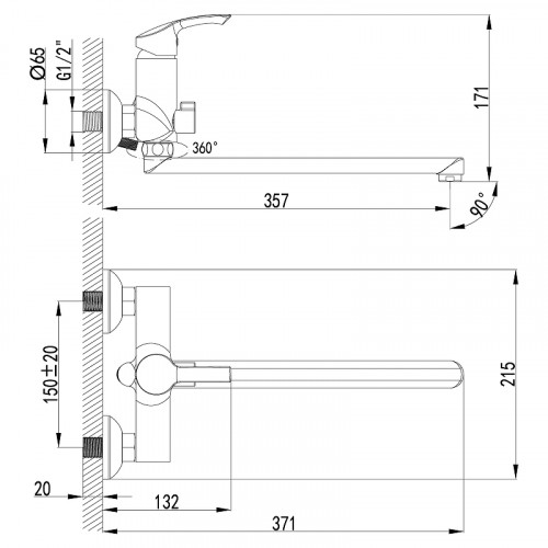 Смеситель для ванны Lemark Plus Strike LM1151C универсальный Хром латунь на стену