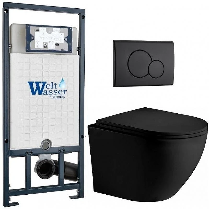 Комплект унитаза с инсталляцией WeltWasser MARBERG 507 + MERZBACH 043 XL MT-BL + MAR 507 RD MT-BL 10000014149 цвет Черный матовый с сиденьем Микролифт и клавишей смыва цвет Черный матовый