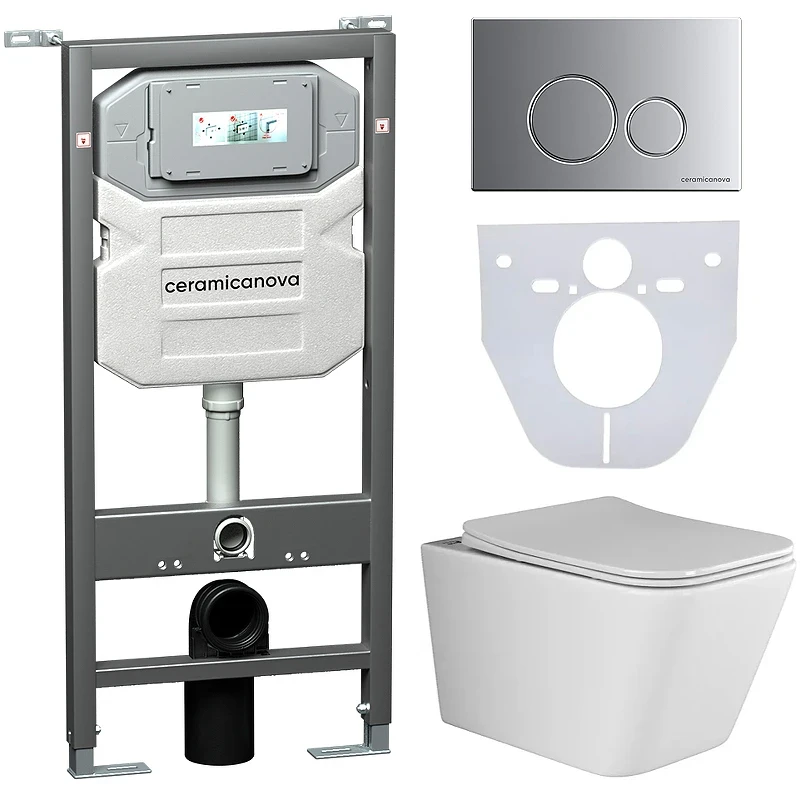 Комплект унитаза с инсталляцией Ceramicanova Metric CN3007_1001M_1000 с сиденьем Микролифт и клавишей смыва Хром матовый фарфор подвесной