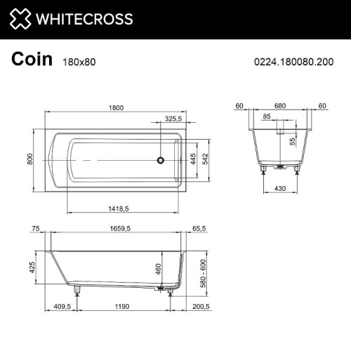 Ванна из искусственного камня Whitecross Coin 180x80 0224.180080.200.ULTRA.WH цвет Белый матовый с гидромассажем форсунки Белые