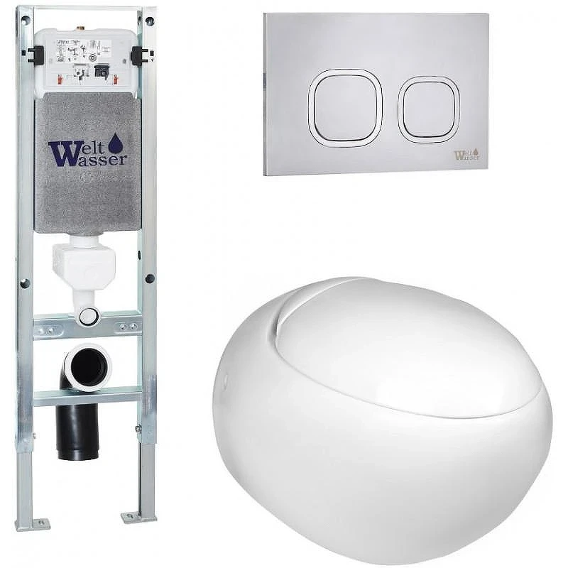 Комплект унитаза с инсталляцией WeltWasser AMBERG 350 ST + JECKENBACH 004 GL-WT + AMBERG RD-MT CR 10000006536 цвет Белый глянцевый с сиденьем Микролифт и клавишей смыва цвет Хром матовый