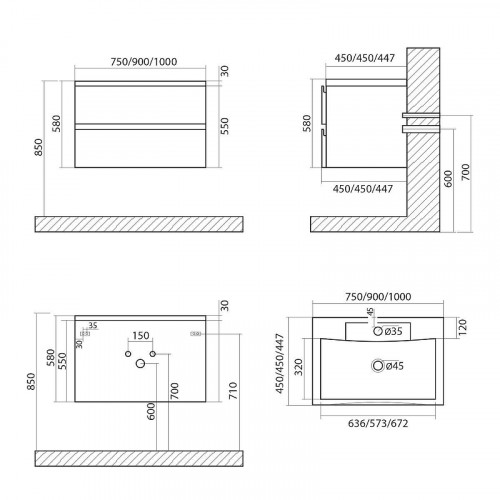 Тумба под раковину Art&amp;Max AM-Bianchi-900-2C-SO-BM подвесная Белый матовый МДФ / ЛДСП