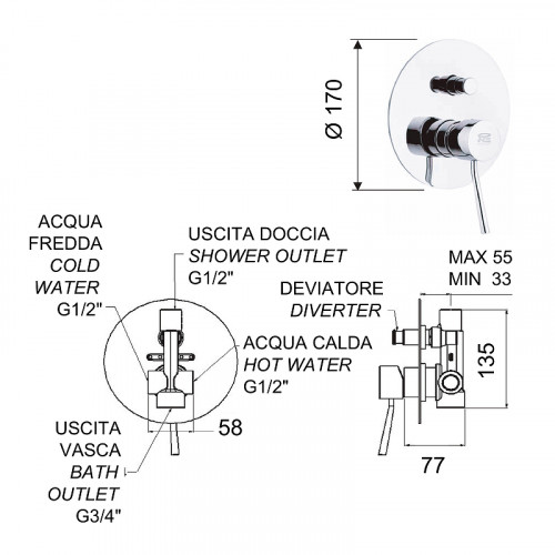 Смеситель для душа Remer Minimal N09L Хром латунь встраиваемый