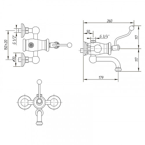 Смеситель для ванны Migliore Vivaldi 19545 Золото латунь на стену