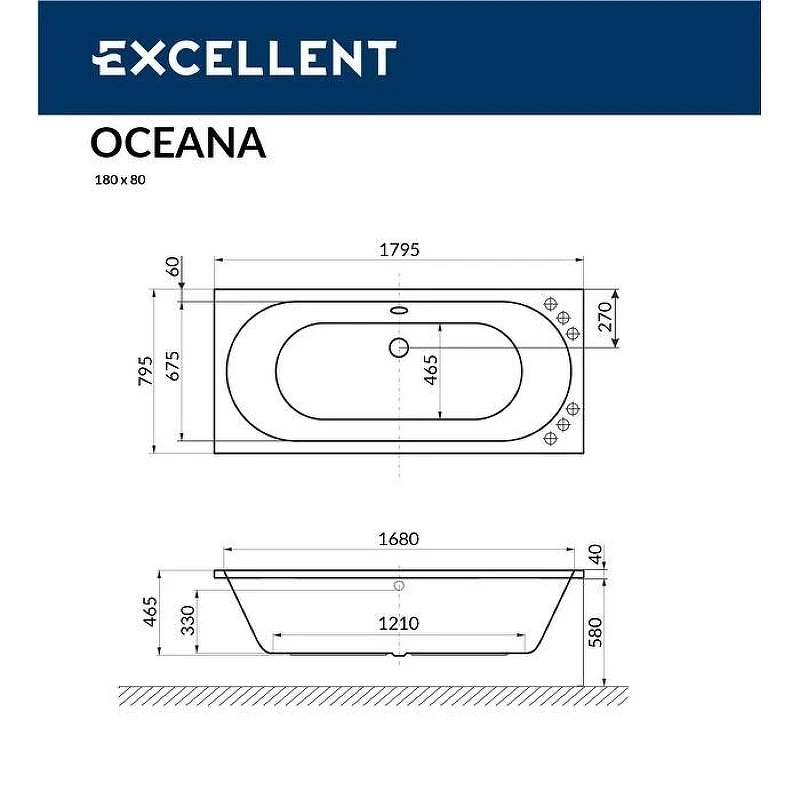 Акриловая ванна Excellent Oceana 180x80 WAEX.OCE18.SOFT.WH цвет Белый с гидромассажем форсунки Белые
