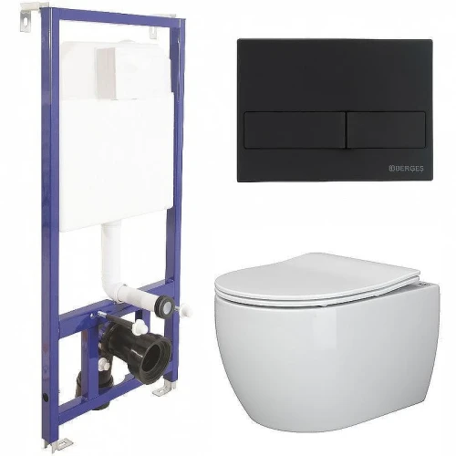 Унитаз с инсталляцией Ceramicanova Play CN3001 + Berges Novum L5 040215 с сиденьем Микролифт и Черной матовой клавишей смыва