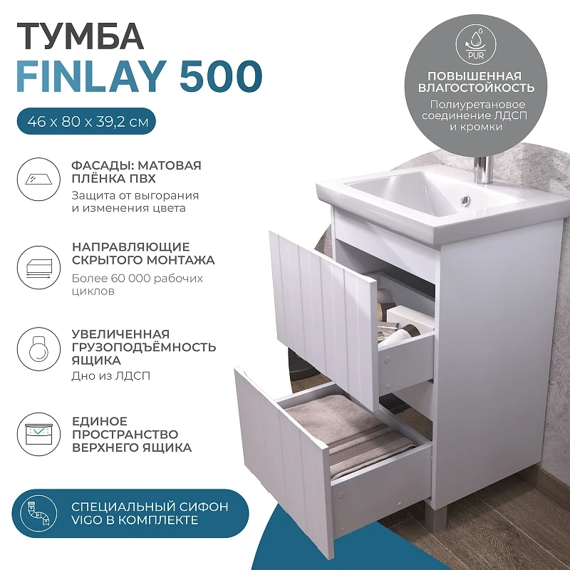 Тумба под раковину Vigo Finlay 50 320 цвет Белый