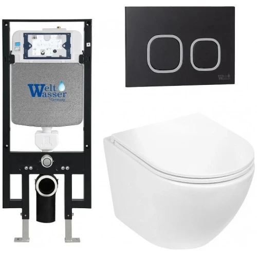 Комплект унитаза с инсталляцией WeltWasser AMBERG 497 + MERZBACH 043 GL-WT + AMBERG RD-BL 10000011287 цвет Белый глянцевый с сиденьем Микролифт и клавишей смыва цвет Черный