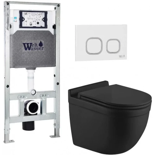Комплект унитаза с инсталляцией WeltWasser AMBERG 506 ST + HEIMBACH 043 MT-BL + AMBERG RD-WT 10000012244 цвет Черный матовый с сиденьем Микролифт и клавишей смыва цвет Белый