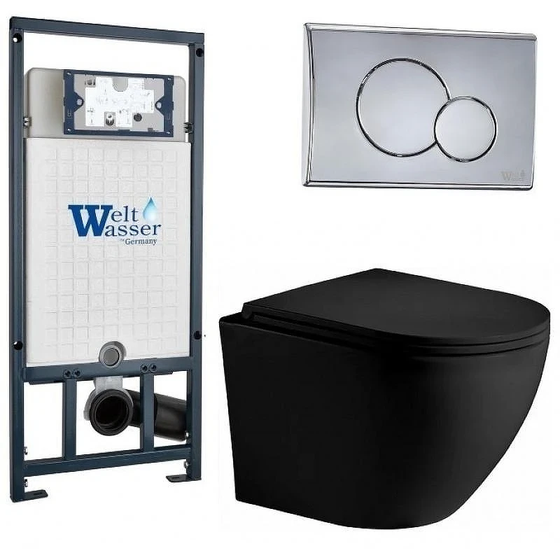 Комплект унитаза с инсталляцией WeltWasser MARBERG 507 + MERZBACH 043 XL MT-BL + MAR 507 RD CR 10000014150 цвет Черный матовый с сиденьем Микролифт и клавишей смыва цвет Хром