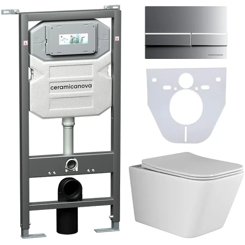 Комплект унитаза с инсталляцией Ceramicanova Metric CN3007_1002M_1000 с сиденьем Микролифт и клавишей смыва Хром матовый фарфор подвесной
