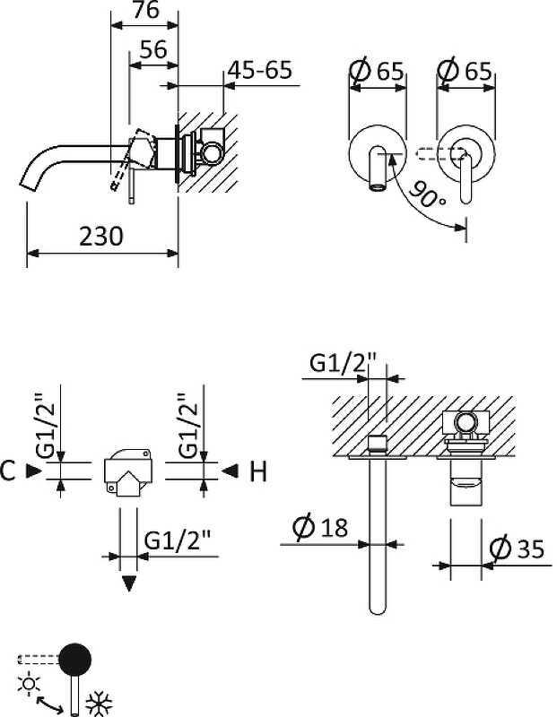 Смеситель для раковины Cezares Leaf LEAF-BLI2-L-01-W0 Хром латунь встраиваемый