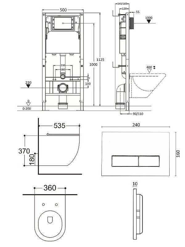 Унитаз с инсталляцией Agger ATI09150L+APB255 цвет Белый с сиденьем Микролифт и клавишей смыва цвет Оружейная сталь