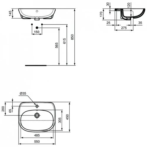 Раковина встраиваемая сверху Ideal Standard Tesi 55 T010001 цвет Euro White / Евробелый