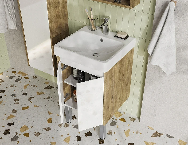 Тумба под раковину Aquaton Сканди Doors 45 1A278701SDZ90 Белый глянец Дуб рустикальный МДФ / ЛДСП