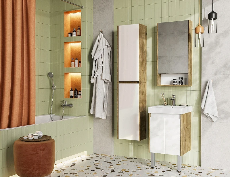 Тумба под раковину Aquaton Сканди Doors 45 1A278701SDZ90 Белый глянец Дуб рустикальный МДФ / ЛДСП