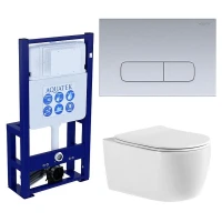 Комплект унитаза с инсталляцией Aquatek Set Aquatek Европа-014 3в1 цвет Белый с сиденьем Микролифт и клавишей смыва цвет Хром матовый