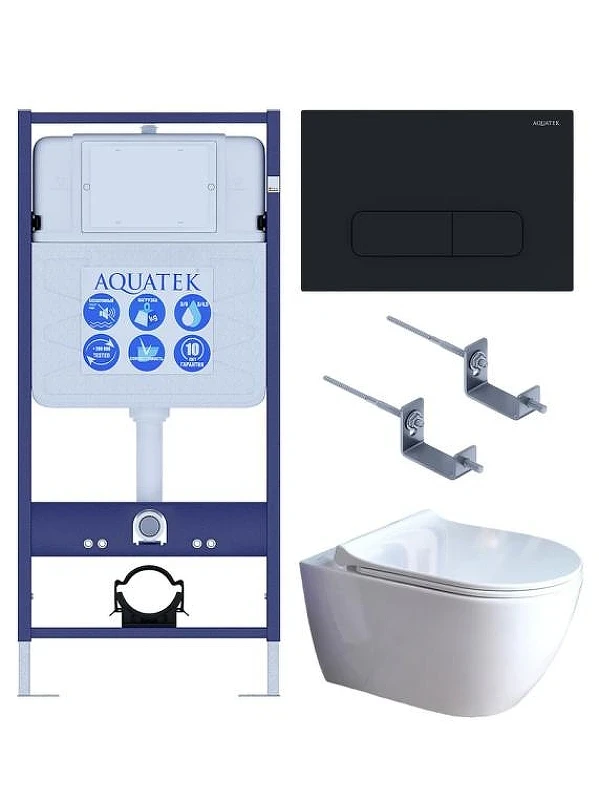 Комплект унитаза с инсталляцией Aquatek Set Aquatek Поларис-01-017 4в1 цвет Белый с сиденьем Микролифт и клавишей смыва цвет Черный матовый