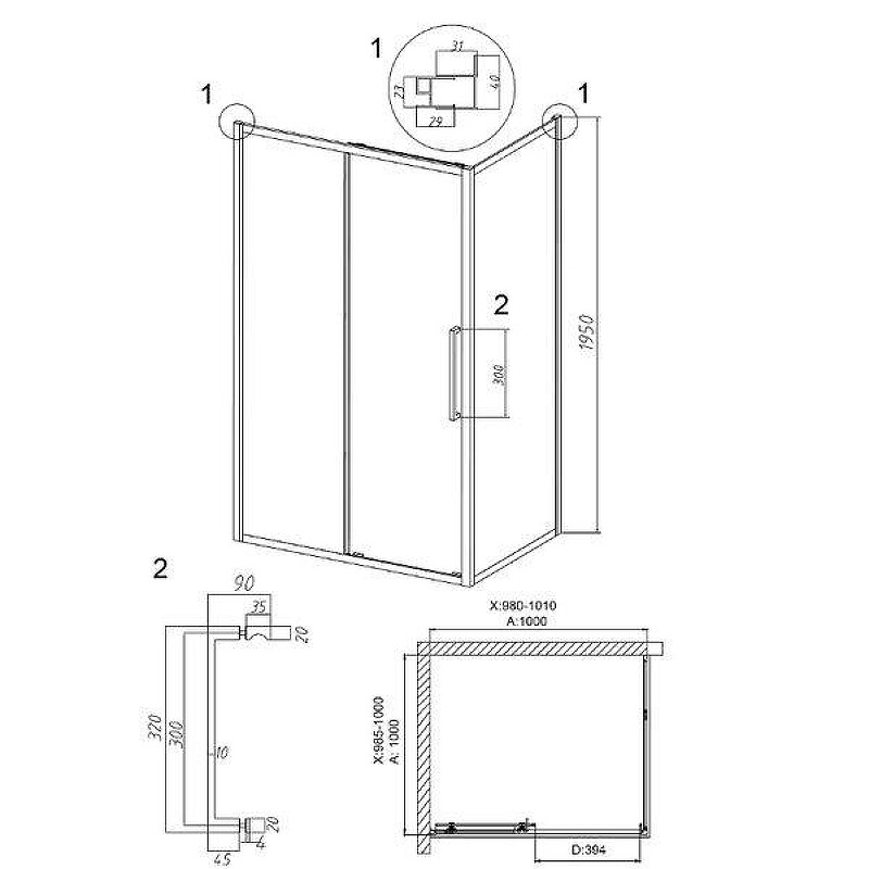 Душевой уголок Grossman Cosmo 100x100 L 120.K33.02.1010.21.02 профиль Черный матовый стекло шиншилла