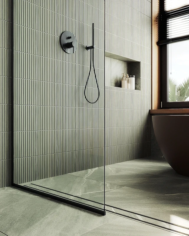 Душевая перегородка Maybah Glass MGD-695-6у 790x1950 в узком профиле Черный стекло прозрачное