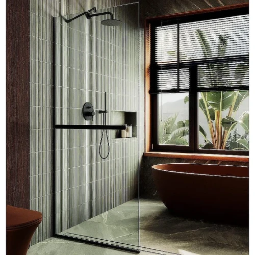 Душевая перегородка Maybah Glass MGD-1418-6у 990х1950 в узком профиле с полотенцедержателем Черный стекло прозрачное