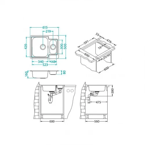 Кухонная мойка Alveus Line 50 NAT-90 615x500 1065676 Натуральная сталь нержавеющая сталь встраиваемый