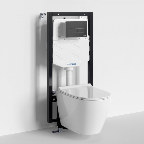 Комплект унитаза с инсталляцией WasserKRAFT Mindel 56TLT.010.ME.MB03.H002 цвет Белый с сиденьем Микролифт и клавишей смыва цвет Черный матовый