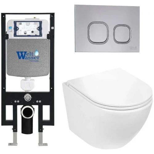 Комплект унитаза с инсталляцией WeltWasser AMBERG 497 + MERZBACH 043 GL-WT + AMBERG RD-CR 10000011288 цвет Белый глянцевый с сиденьем Микролифт и клавишей смыва цвет Хром