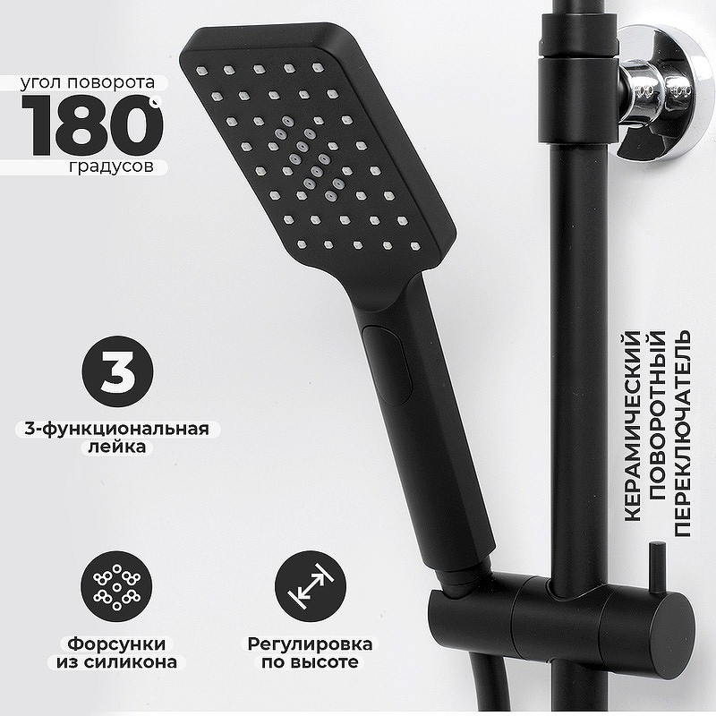 Душевая система WasserKRAFT Thermo A11401 с термостатом Черная матовая Хром латунь на стену