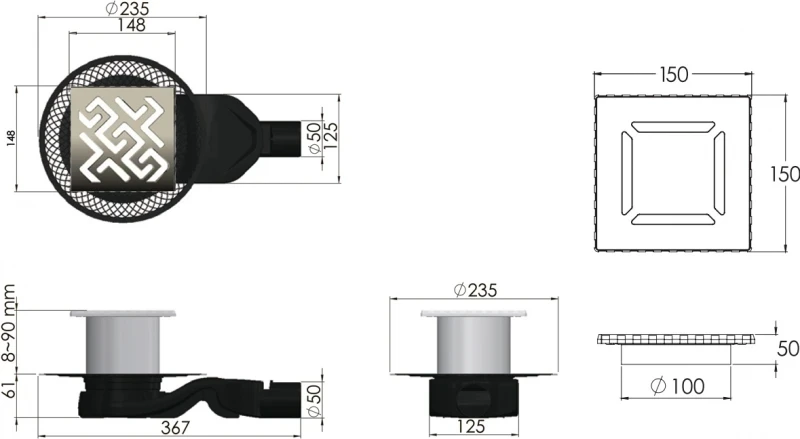 Душевой трап Berges Platz Antik 150x150 091161 с решеткой Хром