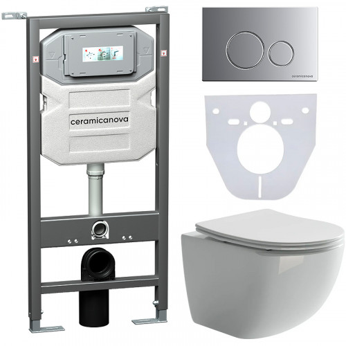Комплект унитаза с инсталляцией Ceramicanova Forma CN3009_1001M_1000 с сиденьем Микролифт и клавишей смыва Хром матовый фарфор подвесной