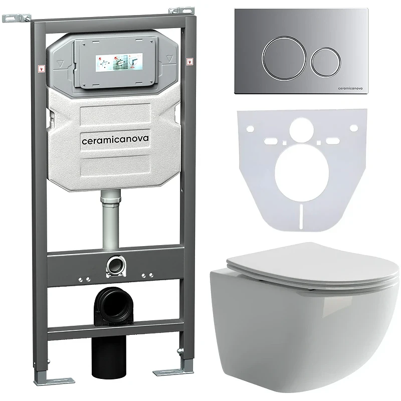 Комплект унитаза с инсталляцией Ceramicanova Forma CN3009_1001M_1000 с сиденьем Микролифт и клавишей смыва Хром матовый фарфор подвесной