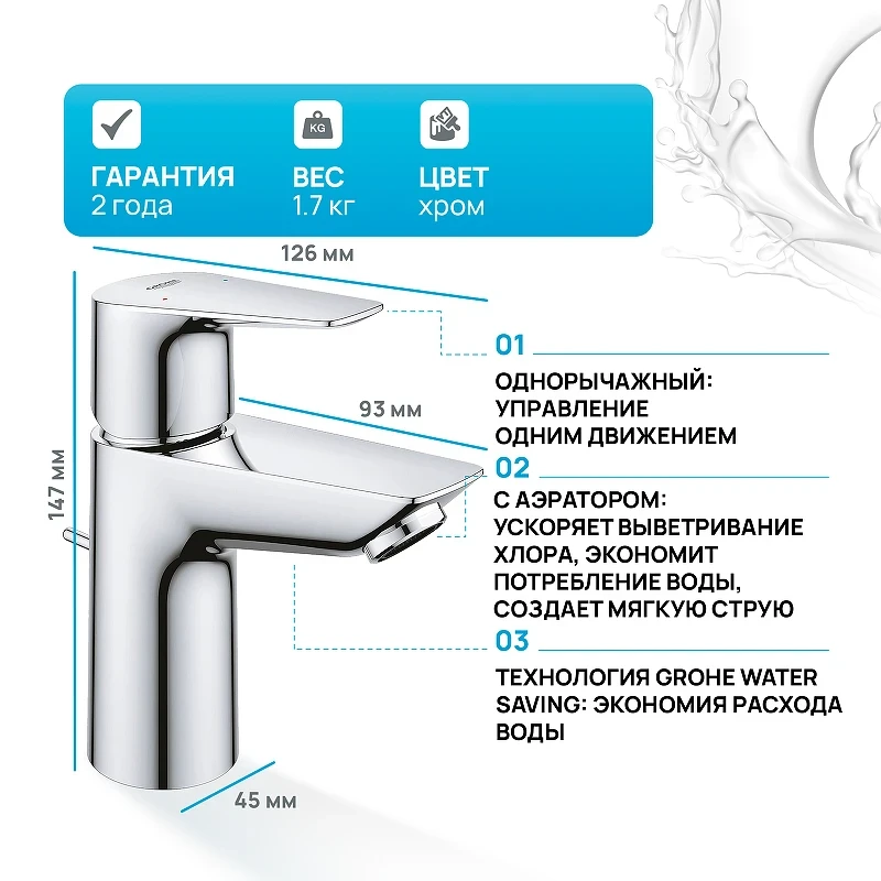 Смеситель для раковины Grohe BauEdge 23328001 Хром латунь