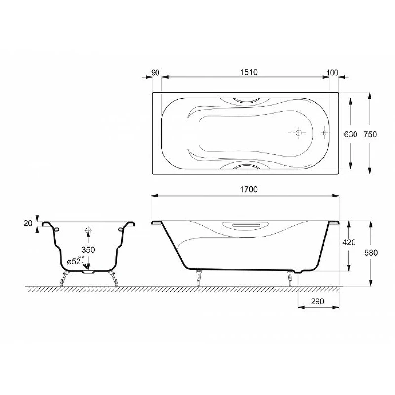 Чугунная ванна Delice Malibu 170x75 DLR230609R-AS с отверстиями под ручки с антискользящим покрытием