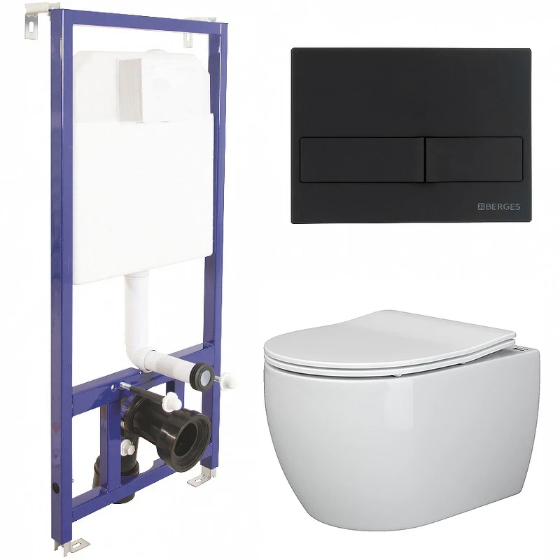 Комплект унитаза Ceramicanova Play CN3001 с инсталляцией Berges Novum L5 040215 с сиденьем Микролифт и Черной матовой клавишей смыва фаянс подвесной