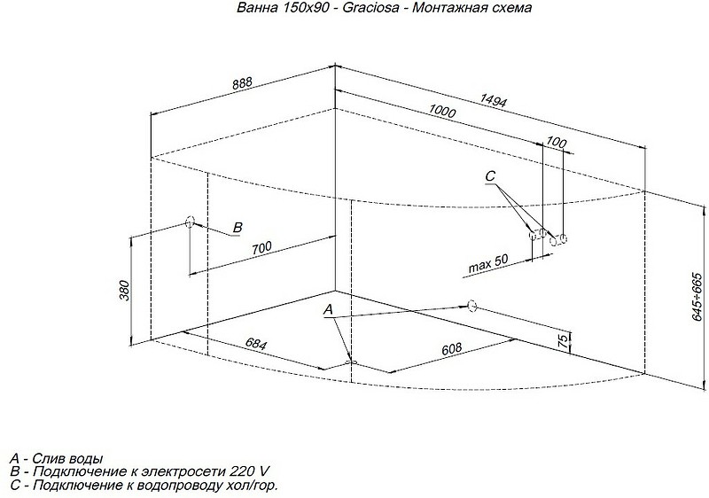 Акриловая ванна Aquanet Graciosa 150x90 R 205389 без гидромассажа