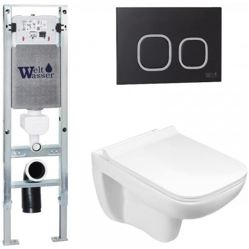 Комплект унитаза с инсталляцией WeltWasser AMBERG 350 ST + KEHLBACH 004 GL-WT + AMBERG RD-BL 10000006538 цвет Белый глянцевый с сиденьем Микролифт и клавишей смыва цвет Черный