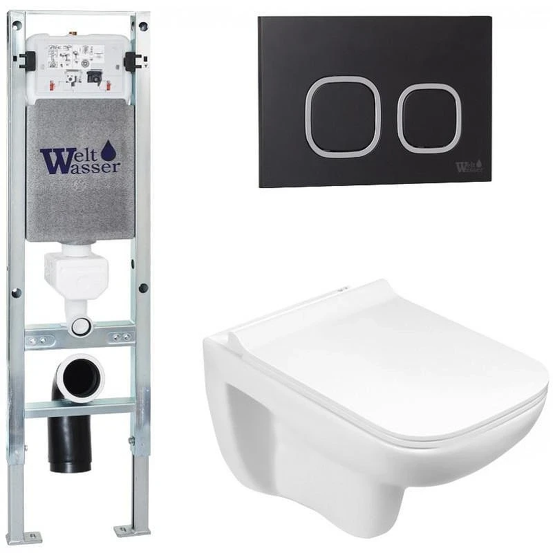 Комплект унитаза с инсталляцией WeltWasser AMBERG 350 ST + KEHLBACH 004 GL-WT + AMBERG RD-BL 10000006538 цвет Белый глянцевый с сиденьем Микролифт и клавишей смыва цвет Черный