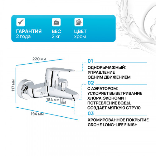 Смеситель для ванны Grohe Eurodisc Cosmopolitan 33390002 Хром латунь на стену