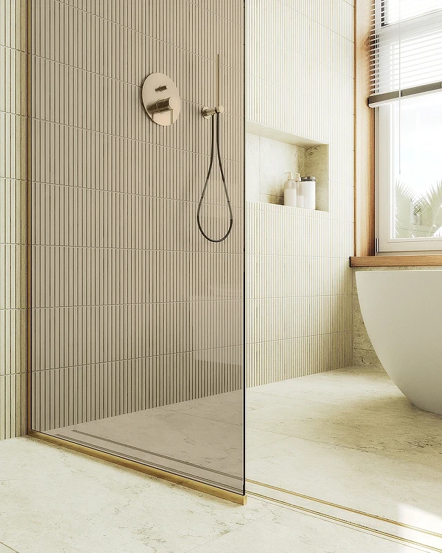 Душевая перегородка Maybah Glass MGD-696-3у 790x1950 в узком профиле Золото стекло бронзовое